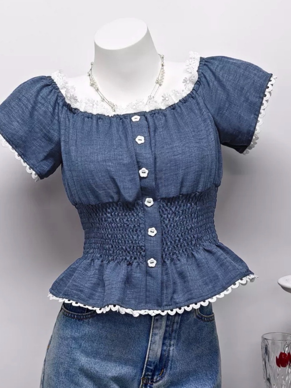 Blue Lace-Trim Smocked Waist Peasant Top
